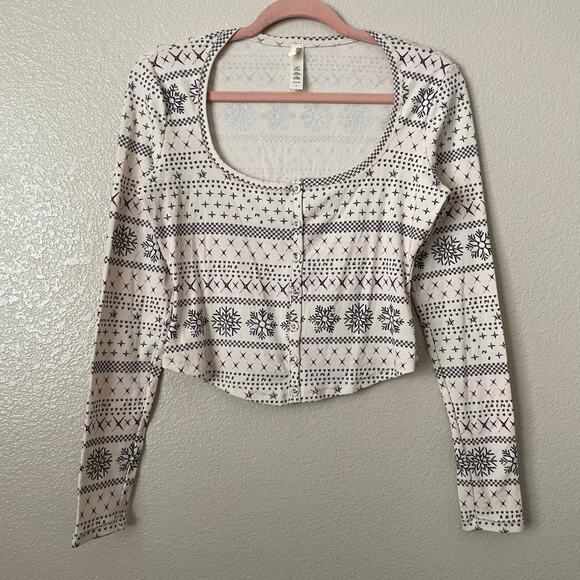 Skims Top Womens Large White Black Fair Isle Cropped Long Sleeve Knit Pajama - Picture 3 of 12